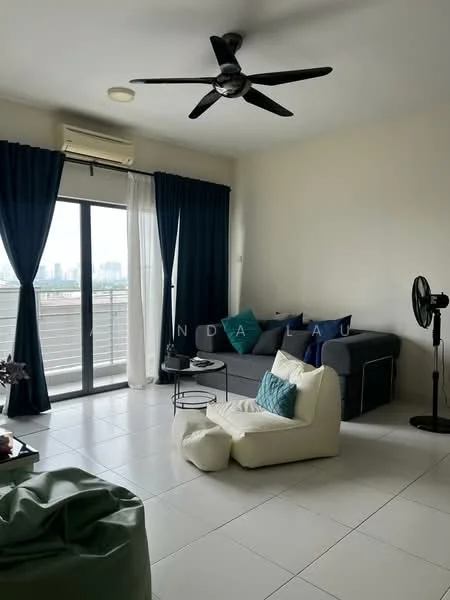 Living features: 5-blade ceiling fan, floor-to-ceiling sliding glass door, white sheer curtains, dark blue blackout curtains, grey fabric sofa, white accent chair, black coffee table, light-colored tile flooring, wall-mounted air conditioning unit, decorative wall with no visible features; style: modern; view: city.