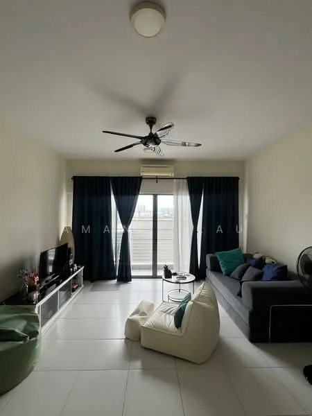 Living features: 3-seater fabric sofa in grey, bean bag chair in green, white leather lounge chair, coffee table, TV console, wall-mounted TV, ceiling fan with light, floor-to-ceiling sliding glass door, curtains in navy blue, white tiled flooring, decorative plants, area rug; style: modern; view: city.