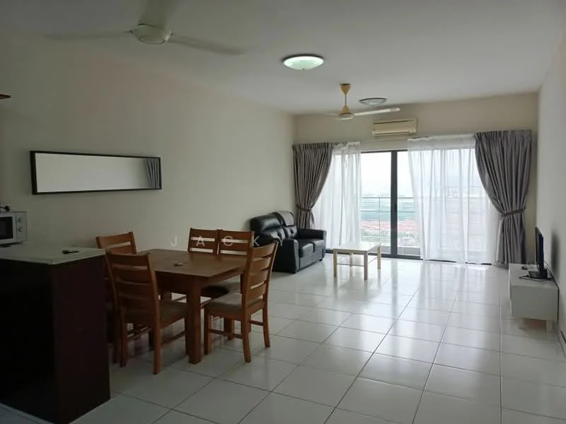 Living features: floor-to-ceiling windows, sliding glass door, curtains, 3-seater leather sofa, coffee table, TV console, wall-mounted TV, ceiling fan, recessed downlights, white painted walls, tile flooring, air conditioning unit; style: modern; view: city. Dining features: 6-seater dining table, wooden dining chairs, mirror on wall; style: modern; view: city.