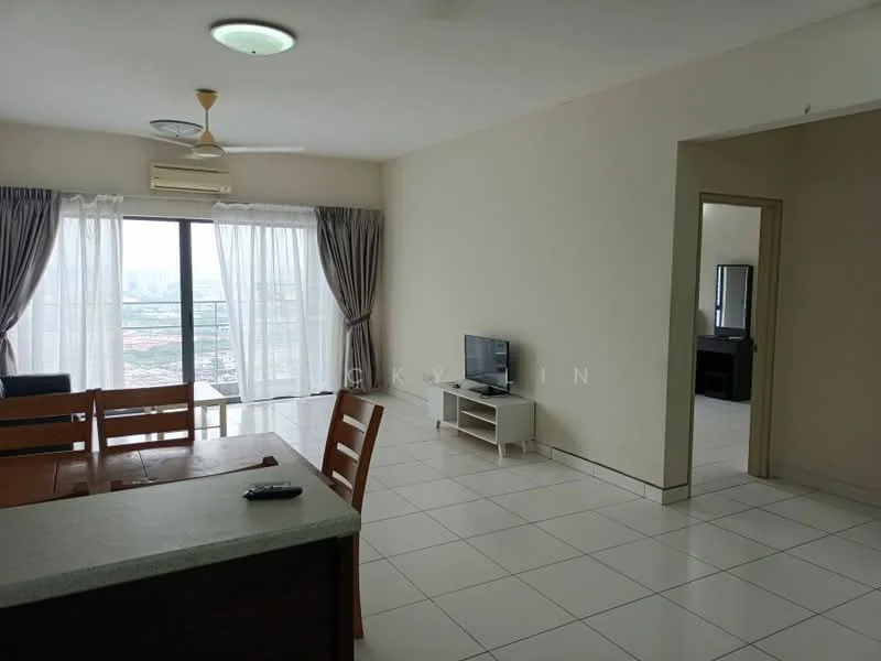 Living features: floor-to-ceiling windows, sheer curtains, 3-blade ceiling fan, wall-mounted TV, white walls, tile flooring, dining table with chairs, sofa, coffee table, air conditioning unit; style: modern; view: city. Room features: white walls, tile flooring, doorway leading to another room.