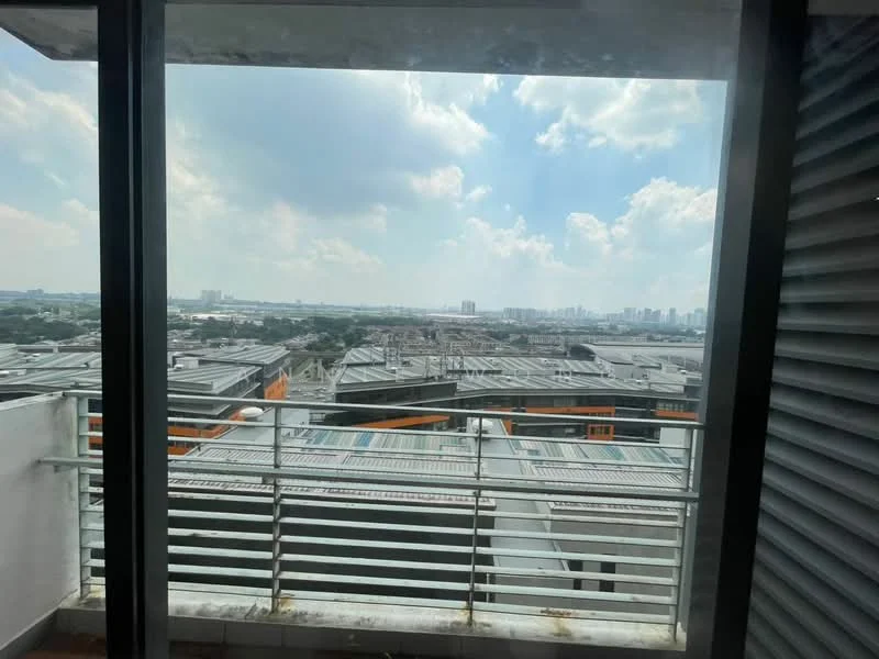Room features: floor-to-ceiling windows, glass balcony railing, concrete flooring, metal louvered panels, city skyline view, cloudy sky, urban landscape; style: modern; view: city.