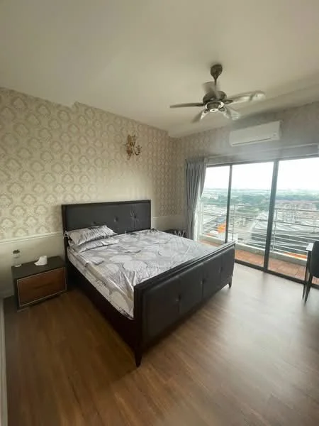 Bedroom features: king-size bed, upholstered headboard, bedside table, ceiling fan with light, floor-to-ceiling windows, curtains, wooden flooring, decorative wall with pattern, air conditioning unit; style: modern; view: city.