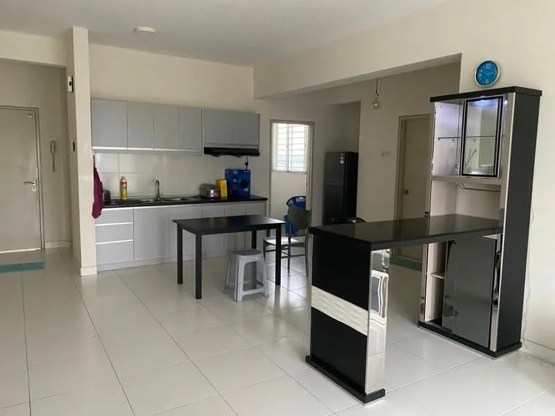 Kitchen features: grey cabinetry, stainless-steel sink, chrome pull-down faucet, built-in stove, exhaust hood, white tiled backsplash, black countertop, tile flooring, refrigerator, open layout, dining table, black bar counter, plastic stools; style: modern.