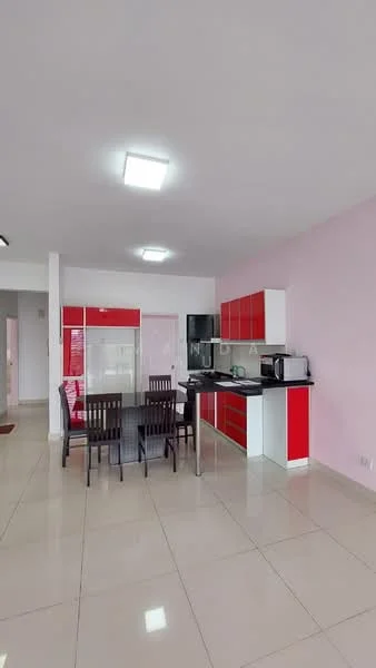 Kitchen features: red cabinetry, white countertops, stainless-steel fridge, built-in microwave, freestanding range oven, black kitchen appliances, dining table with four chairs, tile flooring, recessed ceiling lights, pink accent wall, open layout; style: modern.