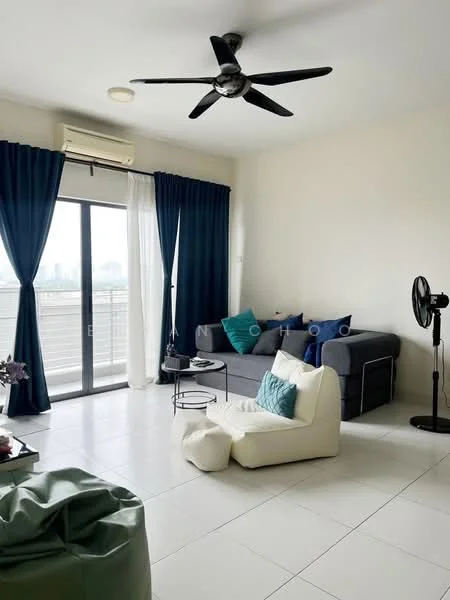 Living features: floor-to-ceiling windows, sliding glass door, white painted walls, ceramic tile flooring, 5-blade ceiling fan, sofa in grey, accent pillows in teal, coffee table, area rug, black standing fan, curtains in navy blue and sheer white, decorative plants; style: modern; view: city.