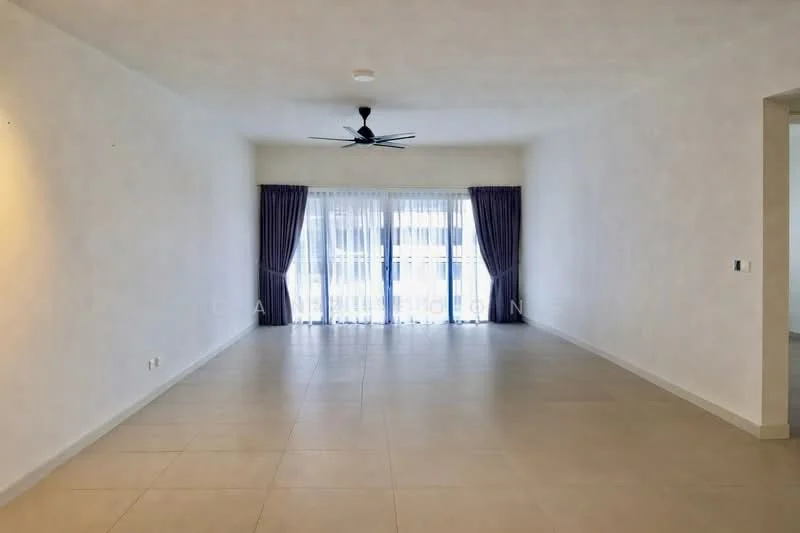 Living features: white painted walls, tile flooring, 5-blade ceiling fan, floor-to-ceiling windows, sheer curtains, purple drapes, recessed lighting; style: modern.