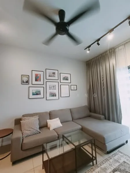 Living features: L-shape sectional sofa in grey, coffee table with glass top, 5-blade ceiling fan, wall-mounted artwork, curtains in light fabric, neutral painted walls, tile flooring, decorative throw pillows; style: modern.