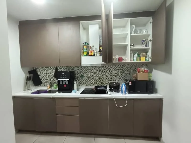 Kitchen features: brown cabinetry, white countertop, black built-in stove, black microwave, kettle, coffee machine, open shelving, mosaic tile backsplash, sink, dish rack, various kitchen utensils, appliances on countertop; style: modern.