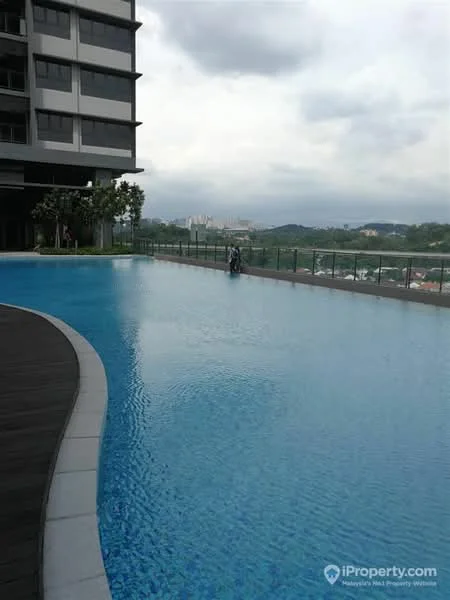 Exterior type: high-rise condominium; features: infinity pool, pool deck with loungers, glass railing, landscaped area with greenery, city skyline view, modern architectural design; style: modern.
