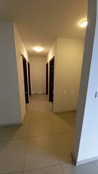 Hallway features: white painted walls, tile flooring, ceiling light fixture, multiple doorways, neutral color scheme; style: modern.