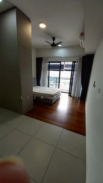 Bedroom features: queen-size bed, wood flooring, white painted walls, floor-to-ceiling windows, sheer curtains, 5-blade ceiling fan, built-in wardrobe, decorative wall panel, recessed lighting; style: modern; view: garden.