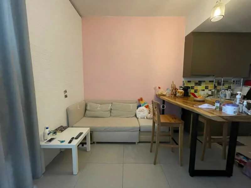 Living features: light grey fabric sofa, white coffee table, wooden dining table, wooden bar stools, pink accent wall, white textured wall, ceramic tile flooring, decorative items on table; style: modern.