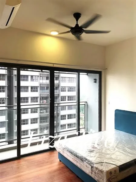 Bedroom features: wooden flooring, cream painted walls, 5-blade ceiling fan with light, floor-to-ceiling windows, sliding glass door, balcony access, queen-size bed, upholstered headboard, built-in wardrobe; style: modern; view: city.