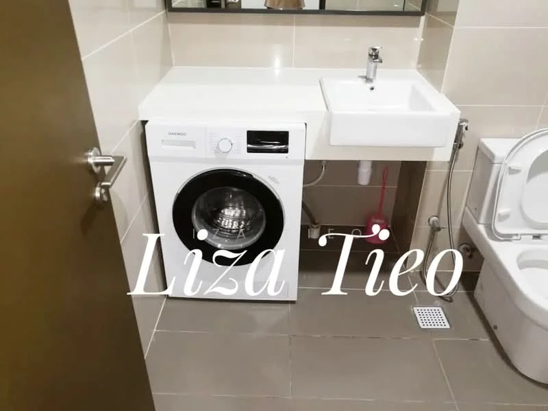 Laundry features: front-load washing machine, single-bowl ceramic sink, white countertop, grey tiled flooring, white wall tiles, toilet, drainage grate, mirror above sink; style: modern.