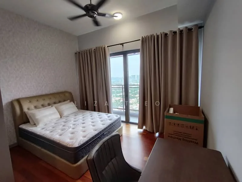 Bedroom features: queen-size bed, upholstered headboard, wooden flooring, floor-to-ceiling windows, curtains in beige, ceiling fan, study desk, box for storage; style: modern; view: city.