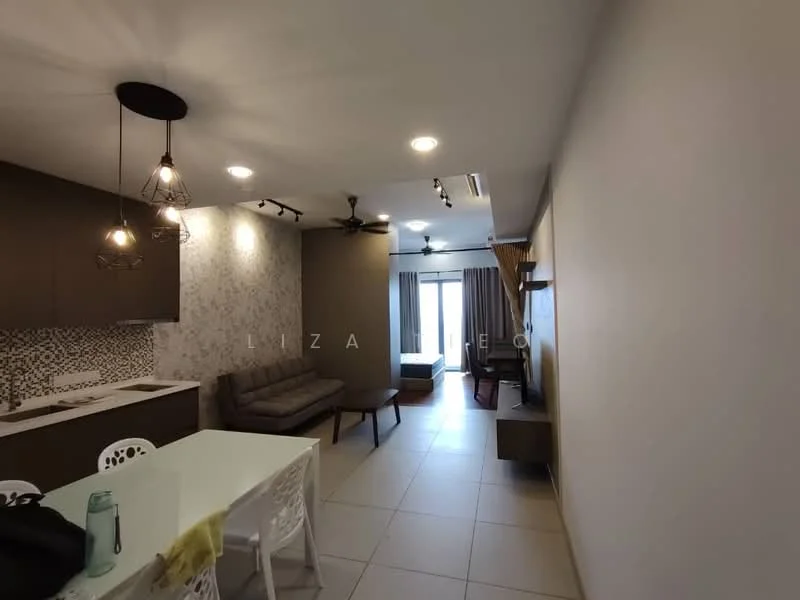 Living features: 3-seater fabric sofa in grey, coffee table, wall-mounted TV, ceiling fan, recessed LED downlights, pendant light, white walls, tile flooring, sliding glass door, curtains, decorative wall with patterned tiles; style: modern. Kitchen features: brown cabinetry, white countertop, stainless-steel sink, built-in oven, 4-burner gas hob, exhaust hood, mosaic tile backsplash; style: modern.