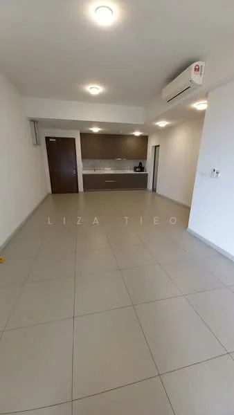 Living features: light beige tiled flooring, white painted walls, recessed downlights, wall-mounted split AC, open kitchen layout, kitchen cabinetry in dark wood, kitchen countertop in light color, single door to hallway, large window for natural light; style: modern.