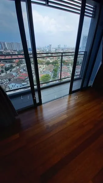 Room features: wooden flooring, floor-to-ceiling windows, glass balcony railing, city view, curtains, wall with window treatment; style: modern; view: city.