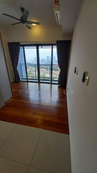 Room features: wooden flooring, floor-to-ceiling windows, grey curtains, 5-blade ceiling fan, city skyline view, light switch, air conditioning unit, wall-mounted intercom; style: modern; view: city.