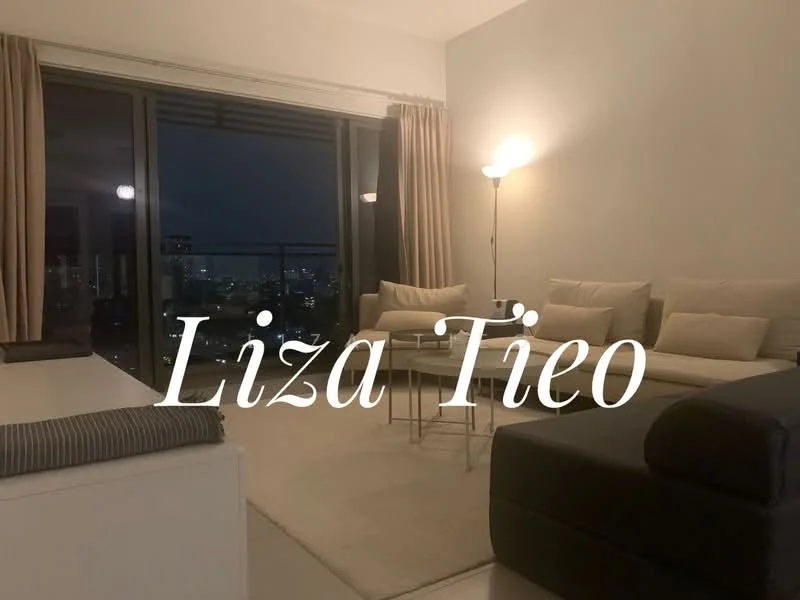 Living features: light grey walls, white ceiling, floor-to-ceiling windows, beige curtains, 3-seater fabric sofa in light beige, 2-seater fabric sofa in dark grey, glass coffee table, area rug in cream, lamp with warm light, decorative pillows, minimalist decor; style: modern; view: city.