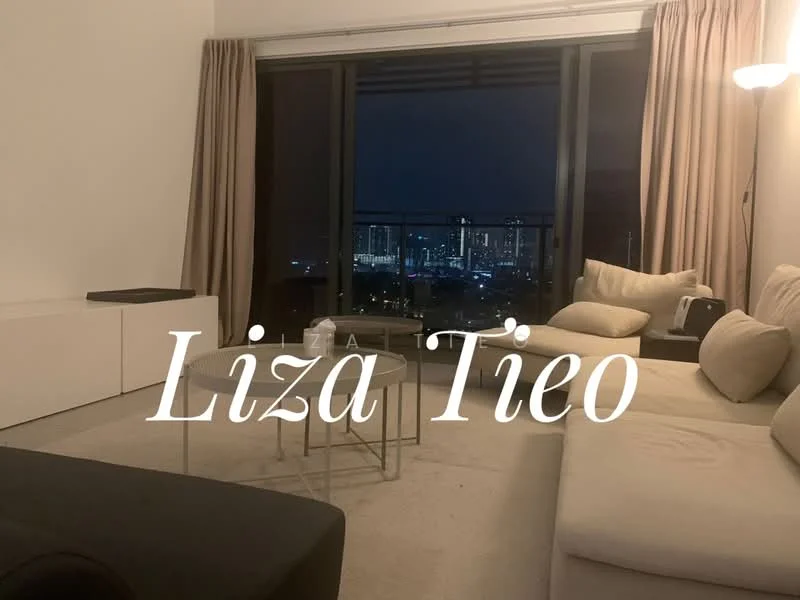 Living features: white walls, light-colored carpet flooring, floor-to-ceiling windows, curtains, sofa with white upholstery, glass coffee table, side table, lamp, city skyline view; style: modern; view: city.