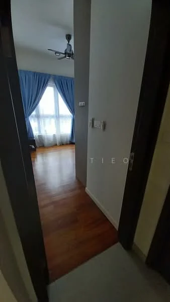 Room features: wood flooring, blue curtains, ceiling fan, white walls, door frame, light switch, window with natural light.