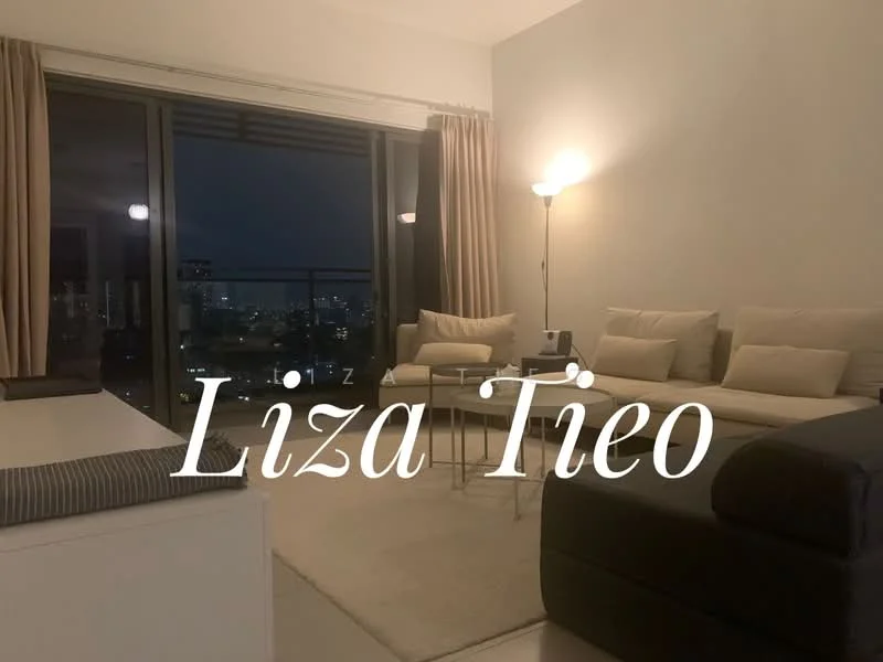 Living features: floor-to-ceiling windows, curtains, sofa with cushions, coffee table, area rug, lamp, city skyline view, light-colored walls, neutral-colored flooring, decorative throw pillows; style: modern; view: city.