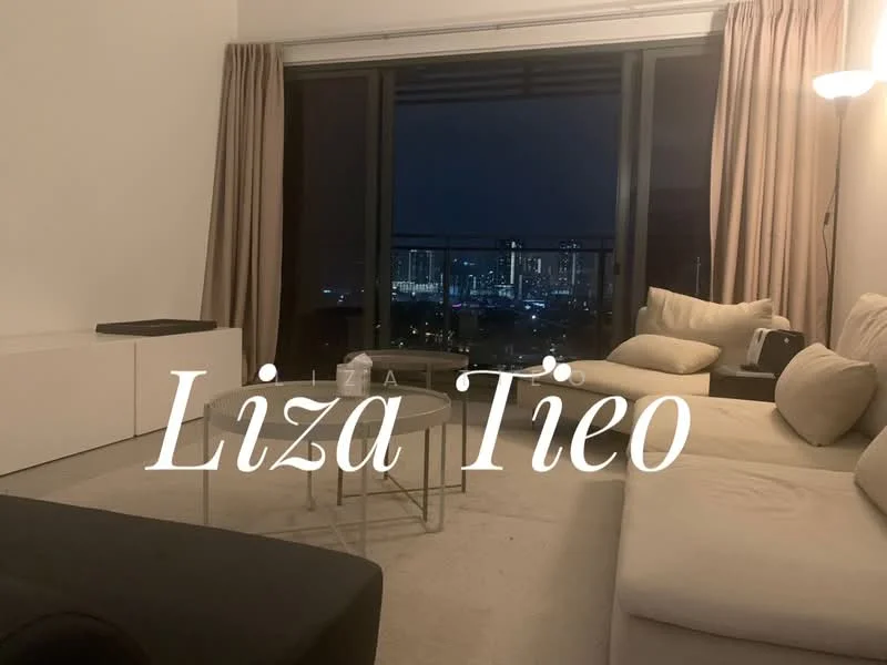 Living features: beige fabric sectional sofa, glass coffee table, floor-to-ceiling windows, curtains in light beige, neutral wall color, carpeted flooring, wall-mounted lamp, city skyline view; style: modern; view: city.