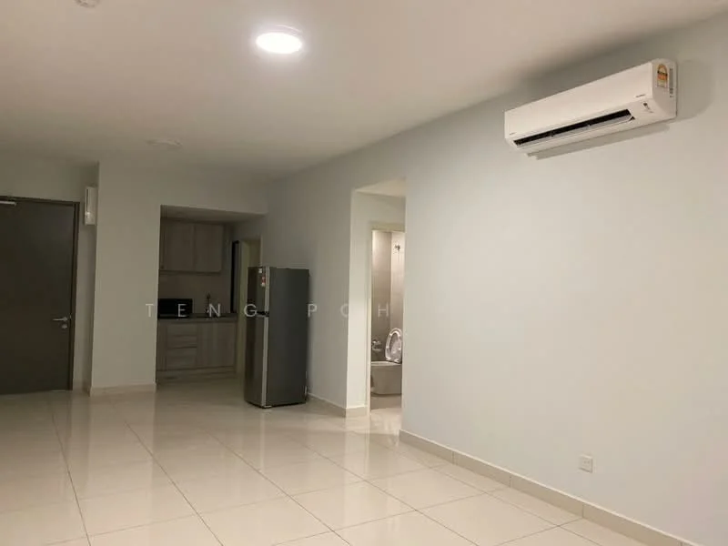 Room features: white painted walls, glossy tile flooring, 1 wall-mounted split AC, recessed downlights, grey cabinetry in kitchen area, stainless-steel fridge, door leading to bathroom, open layout; style: modern.