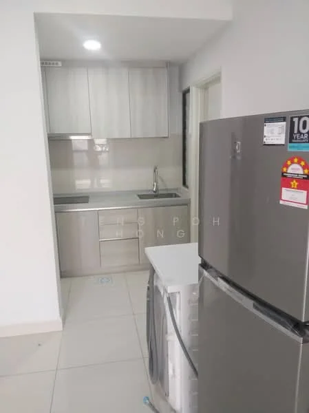 Kitchen features: light grey cabinetry, double-bowl stainless-steel sink, chrome pull-down faucet, grey quartz countertop, built-in oven, freestanding fridge, ceramic tile flooring, recessed LED downlights, white painted walls, sliding door to adjacent room; style: modern.