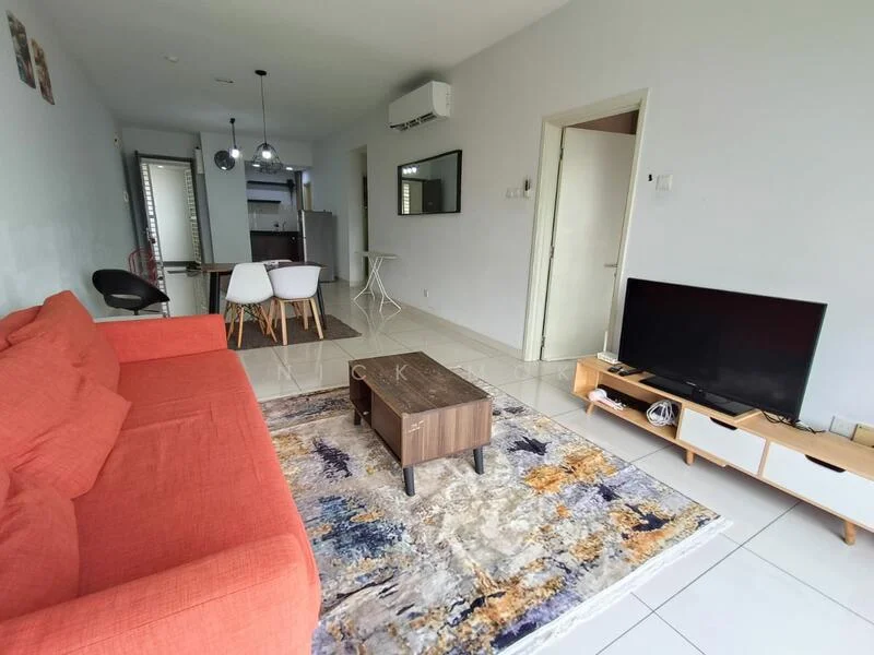 Living features: orange fabric sofa, coffee table with wooden legs, area rug with abstract pattern, wall-mounted TV, TV console with storage, white walls, recessed downlights, floor-to-ceiling windows, air conditioning unit, dining table with white chairs, open layout to kitchen, sliding door to hallway; style: modern.