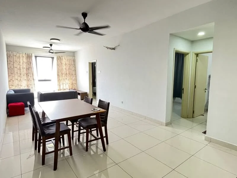 Dining features: 6-seater dining table, wooden dining chairs, white walls, cream tiled flooring, 2 ceiling fans, floor-to-ceiling windows with sheer curtains, light fixtures, open layout; style: modern. Living features: sofa in grey, red ottoman, light fixtures, white walls, cream tiled flooring; style: modern. Room features: doorway leading to other rooms, light fixtures, white walls, cream tiled flooring.