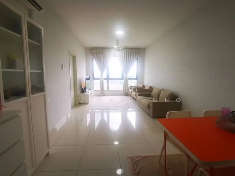 Living features: white painted walls, glossy tile flooring, large floor-to-ceiling windows, sheer curtains, 3-seater fabric sofa in beige, 2-seater fabric sofa in beige, ceiling fan with light, round dining table, plastic dining chairs, decorative rug; style: modern; view: city.