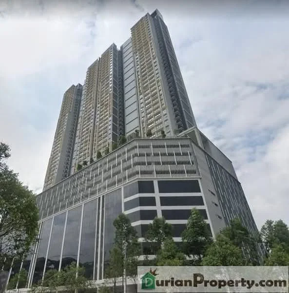 Exterior type: high-rise condominium; features: glass curtain wall, concrete facade, recessed balconies, vertical fins, landscaped greenery at base, multiple storeys, modern architectural design, surrounded by trees, urban context; style: modern.