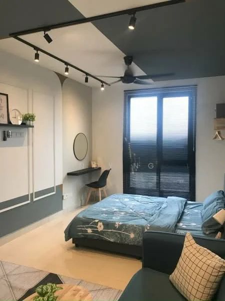 Bedroom features: queen-size bed with blue bedding, 2-seater sofa in dark blue, wooden coffee table, desk with chair, round mirror, black ceiling fan, track lighting, floor-to-ceiling windows with black blinds, decorative wall art, light-colored walls with grey accent wall, tile flooring; style: modern.