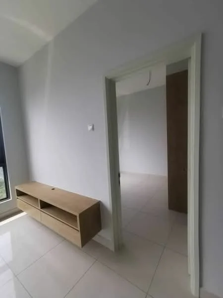 Room features: light grey painted walls, white tiled flooring, wooden TV console, floor-to-ceiling windows, doorway leading to another room, natural light from window; style: modern; view: city.