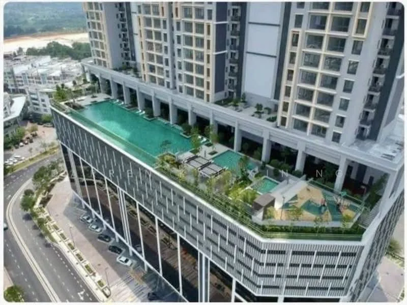 Exterior type: high-rise condominium; features: infinity pool, pool deck with loungers, landscaped garden, children's playground, BBQ pit, outdoor dining pavilion, multiple swimming pools, modern architectural design, glass curtain wall facade, manicured landscaping, surrounded by urban environment, multi-storey car park; style: modern.