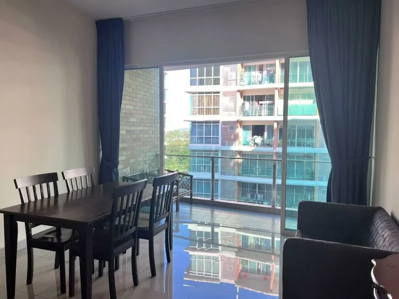 Dining features: dining table with 6 black wooden chairs, floor-to-ceiling windows, sliding glass door, curtains in dark blue, glossy tile flooring, view of adjacent building, open layout, natural light; style: modern; view: city. Living features: black fabric sofa, coffee table, decorative wall, natural light; style: modern; view: city.