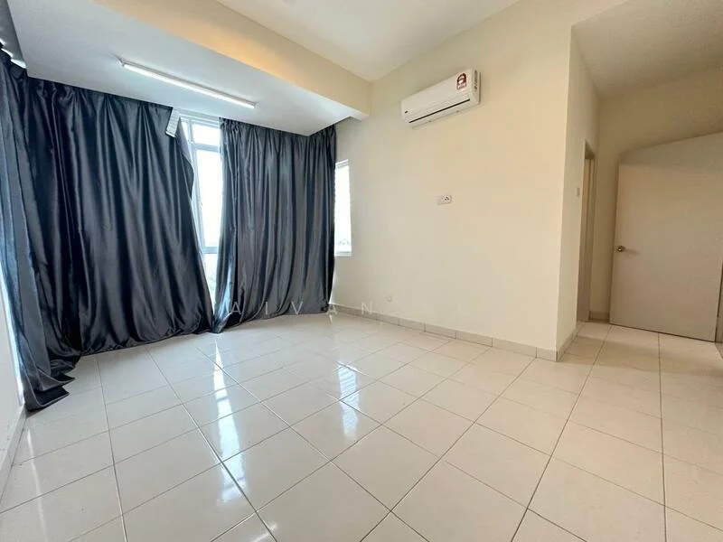 Room features: white painted walls, glossy ceramic tile flooring, floor-to-ceiling windows, blackout curtains, 1 wall-mounted split AC, recessed downlights, neutral color scheme, doorway leading to another room; style: modern; view: city.