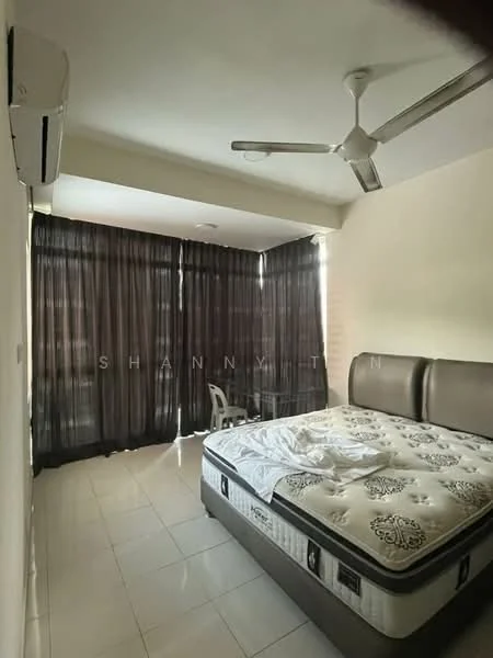 Bedroom features: queen-size bed, upholstered headboard, white walls, floor-to-ceiling windows, blackout curtains, white tiled flooring, 5-blade ceiling fan, 1 wall-mounted split AC, decorative chair; style: modern.