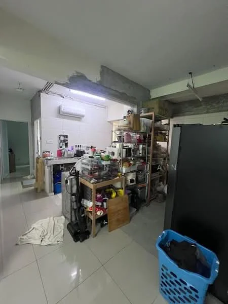 Room features: white painted walls, grey concrete ceiling, tile flooring, open shelving units, various kitchen appliances, black refrigerator, laundry basket, vacuum cleaner, cleaning supplies, folded towel, work surface, ambient lighting, air conditioning unit; style: modern.
