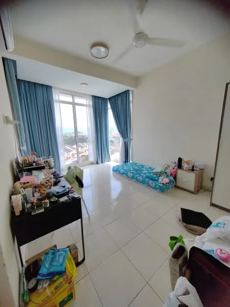 Bedroom features: floor-to-ceiling windows, blue curtains, white painted walls, tile flooring, ceiling fan, single bed with floral bedding, nightstand, decorative items on desk, open space, view of city, natural light; style: modern; view: city.