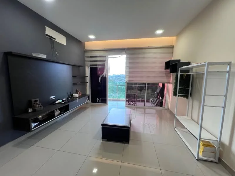 Living features: grey accent wall, white painted walls, glossy tile flooring, floor-to-ceiling windows, sheer curtains, black TV console, glass coffee table, open shelving unit, recessed downlights; style: modern; view: city.