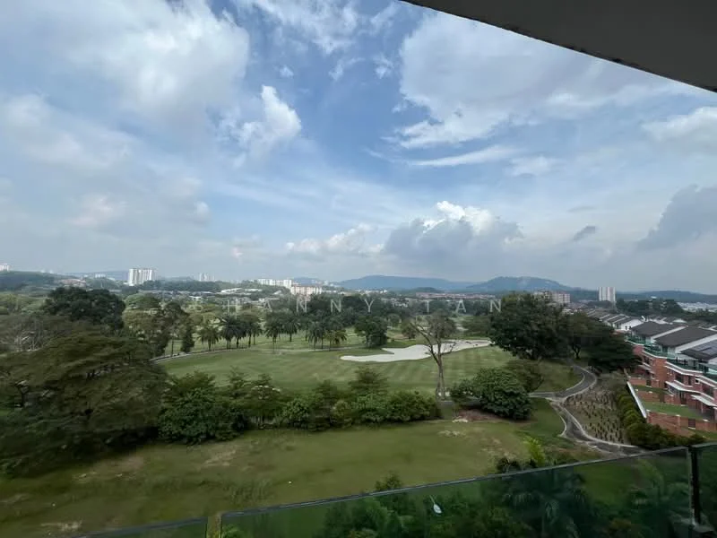 Exterior features: golf course view, lush greenery, urban skyline in background, cloudy sky, manicured lawns, trees lining the area; style: contemporary.