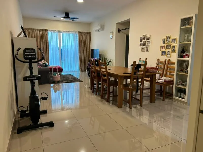 Living features: floor-to-ceiling windows, curtains, 3-seater fabric sofa in grey, coffee table, TV console, wall-mounted TV, ceiling fan, area rug, decorative wall with photos, dining table with 6 chairs, exercise bike, tile flooring, air conditioning unit; style: modern.