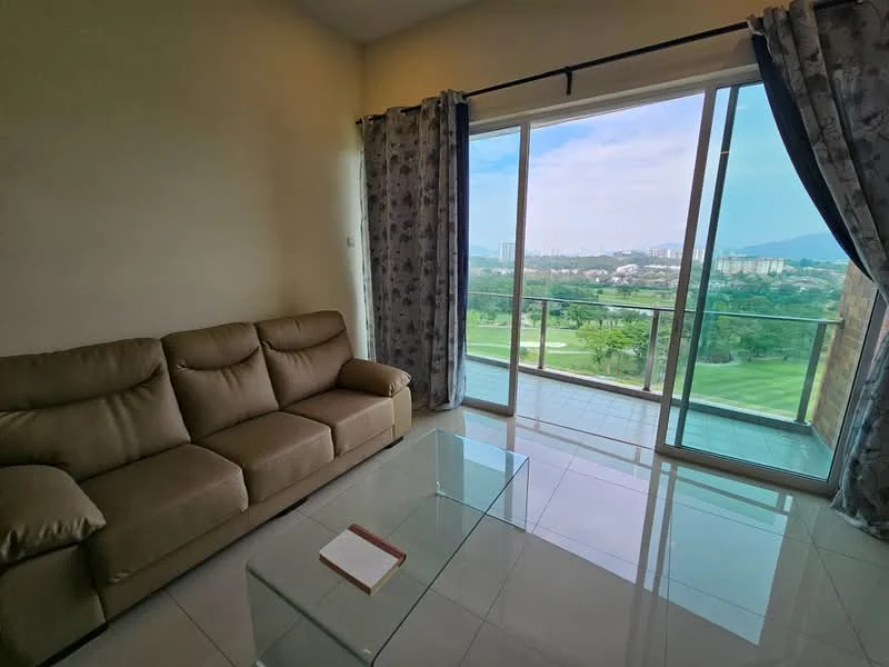 Living features: 3-seater fabric sofa in beige, glass coffee table, floor-to-ceiling sliding glass door, curtains with floral pattern, white painted walls, glossy tile flooring, view of green landscape, view of city skyline; style: modern; view: garden.