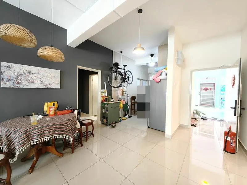 Dining features: round dining table, 4 wooden dining chairs, woven tablecloth, decorative wall art, pendant light fixture; style: modern. Living features: grey painted walls, white ceiling, polished tile flooring, hanging bicycle, ceiling fan, wall-mounted air conditioning unit; style: modern. Hallway features: white walls, tile flooring, doorway leading to another room, fire extinguisher; style: modern.