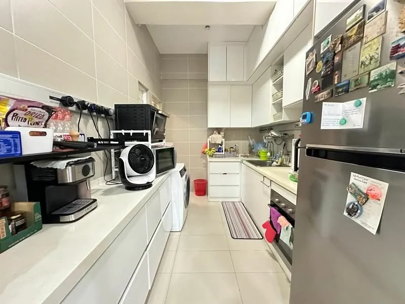 Kitchen features: white cabinetry, stainless-steel refrigerator, built-in oven, freestanding range oven, microwave, single-bowl stainless-steel sink, chrome pull-down faucet, white countertop, ceramic tile flooring, wall-mounted fan, open shelving, decorative magnets on refrigerator, dishwasher, kitchen towels, kitchen utensils; style: modern.