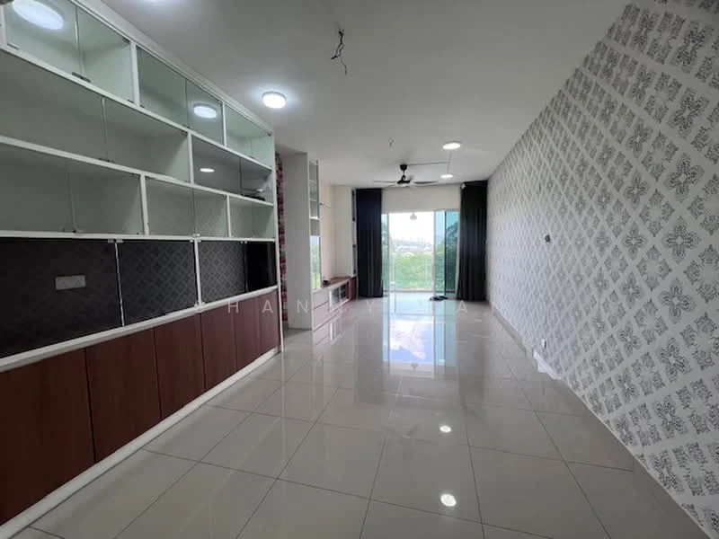 Living features: glossy ceramic tile flooring, white painted walls, feature wall with patterned wallpaper, built-in shelving unit with wood cabinetry, floor-to-ceiling windows, sliding glass door, ceiling fan, recessed LED downlights; style: modern; view: city.
