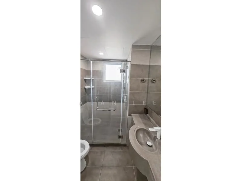 Bathroom features: walk-in shower with glass enclosure, chrome handheld shower, single-sink vanity with integrated basin, stone countertop, wall-mounted faucet, toilet, grey tiled walls, grey tiled flooring, recessed downlights, window for natural light; style: modern.